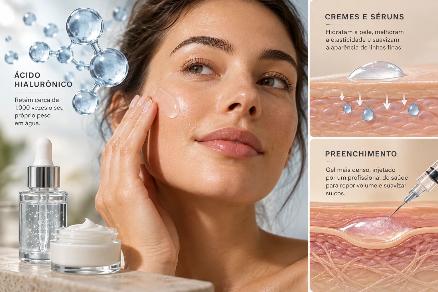 Mulher aplicando sérum facial no rosto ao lado de ilustrações mostrando como cremes e séruns hidratam a pele e como o preenchimento injetável repõe volume