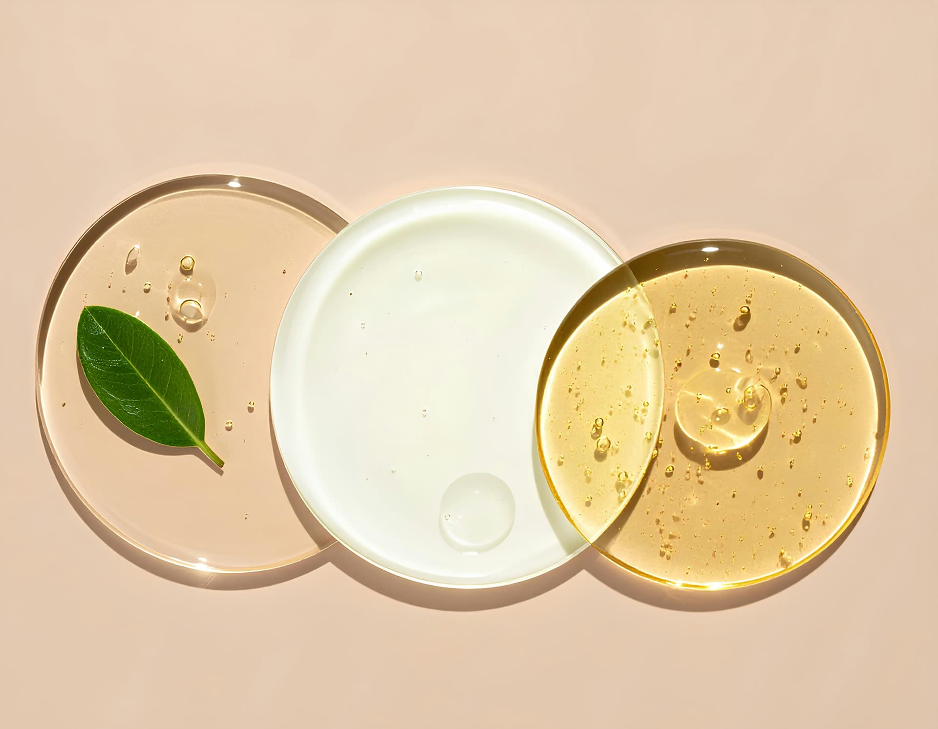 Três texturas de skincare em formato de gotas — sérum, creme e óleo — com uma folha verde, representando ingredientes cosméticos